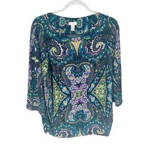 Chicos 2 Womens Top Large Blue Purple Artful Ruched Abigail Stretch Knit NEW $89